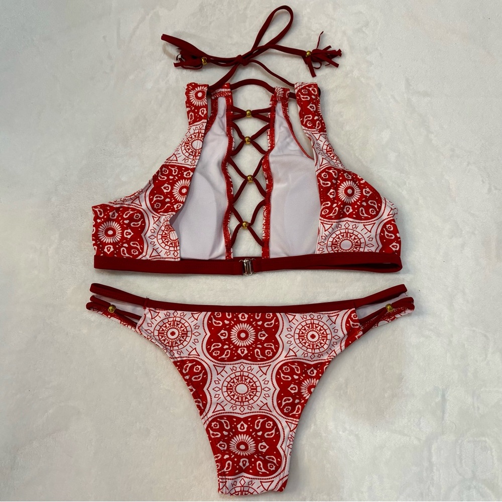 SHEIN Women’s Tribal Aztec Geometric Halter Top High Waist Bikini - red, size L - Picture 3 of 10